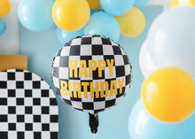 Load image into Gallery viewer, Checkered Flag Happy Birthday Round Foil Balloon 18 in. - PartyDeco USA