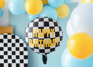 Checkered Flag Happy Birthday Round Foil Balloon 18 in. - PartyDeco USA