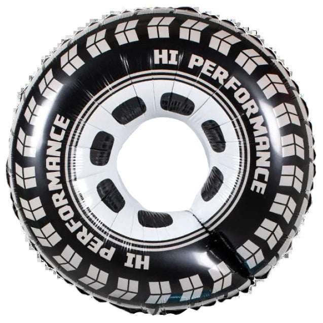 Black and white inflatable swim ring designed to look like a tire, with 'HI PERFORMANCE' printed on the side, isolated on a white background.