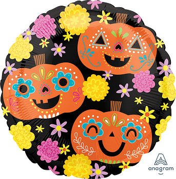 Halloween Day of the Dead Pumpkins Round Foil Balloon 17 in.