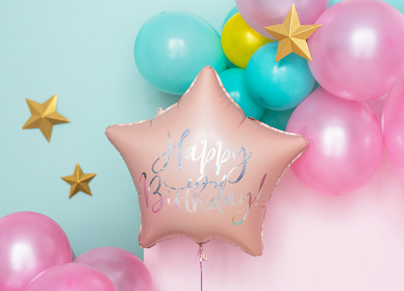 Globo de aluminio con forma de estrella de color rosa pálido con texto "Happy Birthday" (Feliz cumpleaños), 18 pulgadas - PartyDeco USA