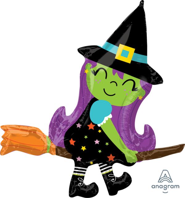 Halloween Cute Witch on Broom Foil Balloon 38 in.