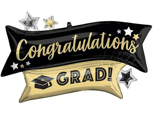 Congrats Grad Black Gold & Black Banner Foil Balloon 38 in.